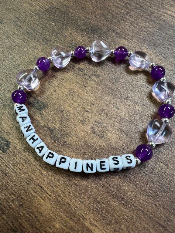 MANHAPPINESS or WILDCATS Clear Purple Heart Beaded Bracelet