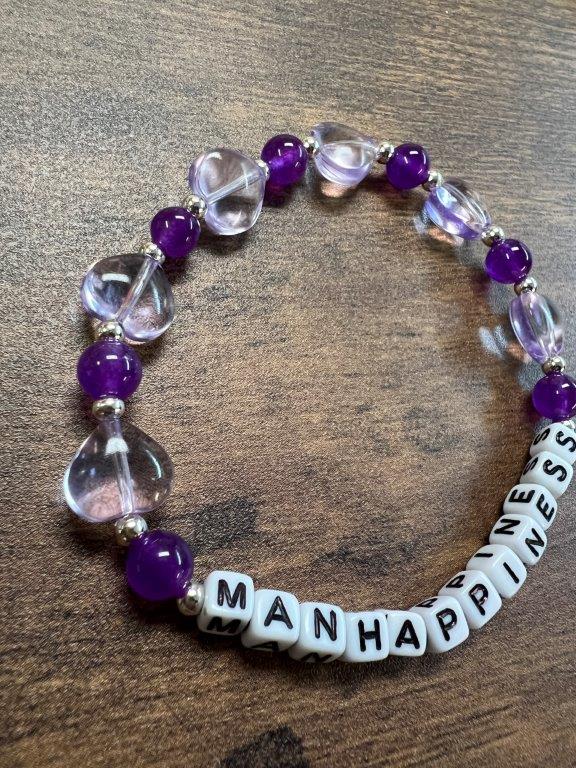 MANHAPPINESS or WILDCATS Clear Purple Heart Beaded Bracelet