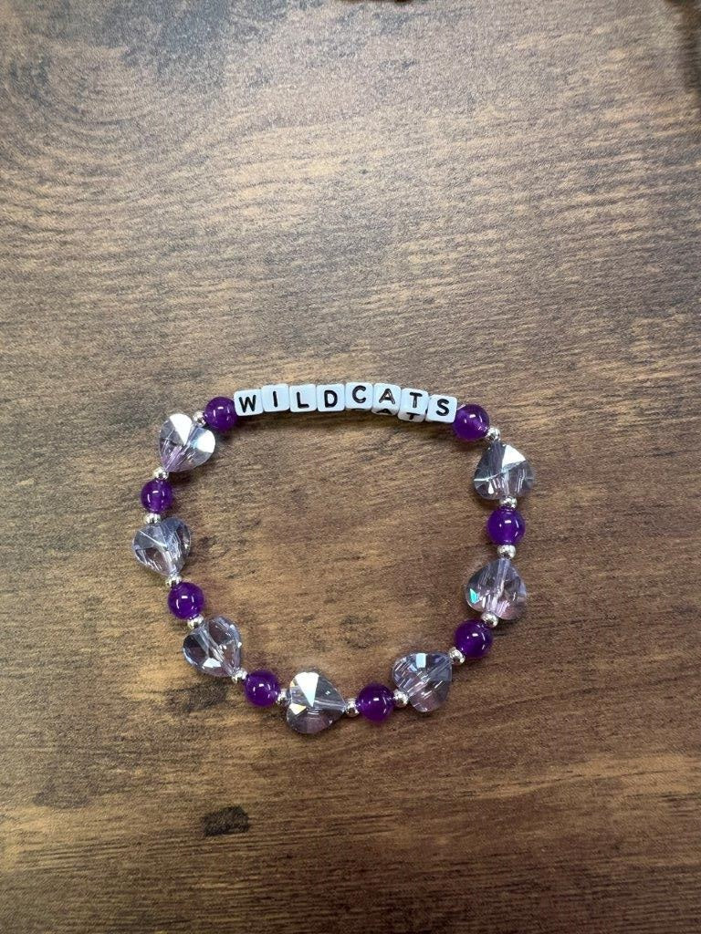 MANHAPPINESS or WILDCATS Clear Purple Heart Beaded Bracelet