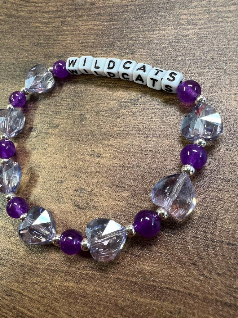 MANHAPPINESS or WILDCATS Clear Purple Heart Beaded Bracelet