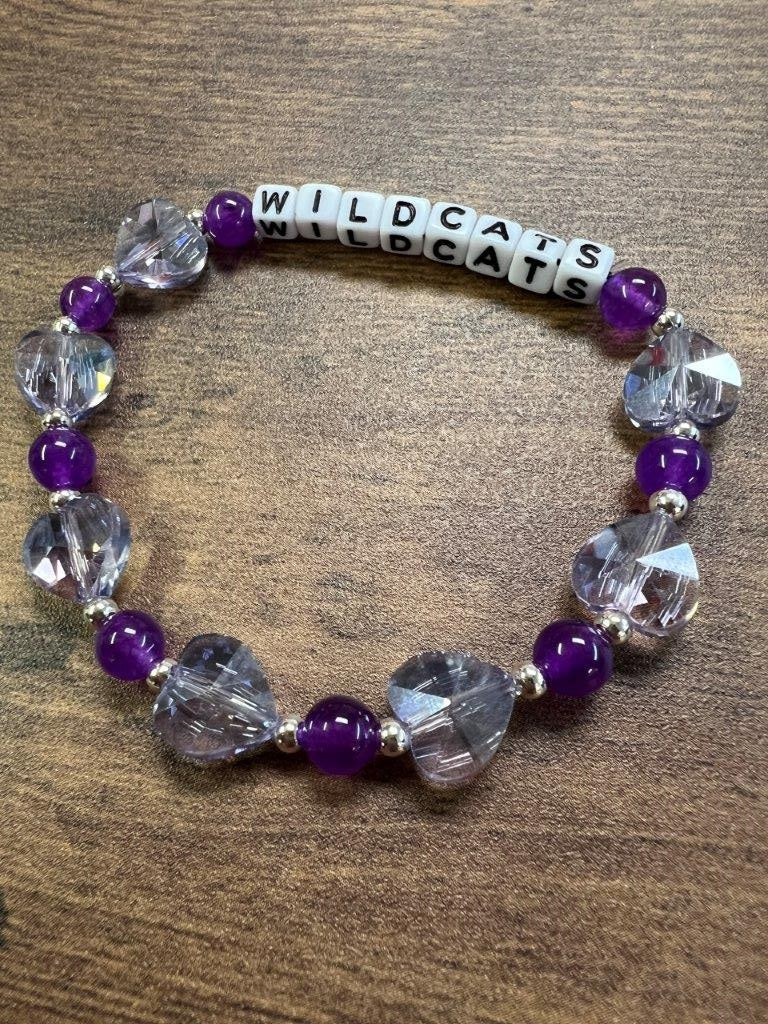 MANHAPPINESS or WILDCATS Clear Purple Heart Beaded Bracelet