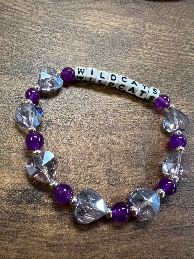 MANHAPPINESS or WILDCATS Clear Purple Heart Beaded Bracelet
