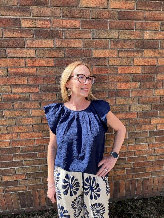 Navy Blue Blouse with Ruffle Sleeves