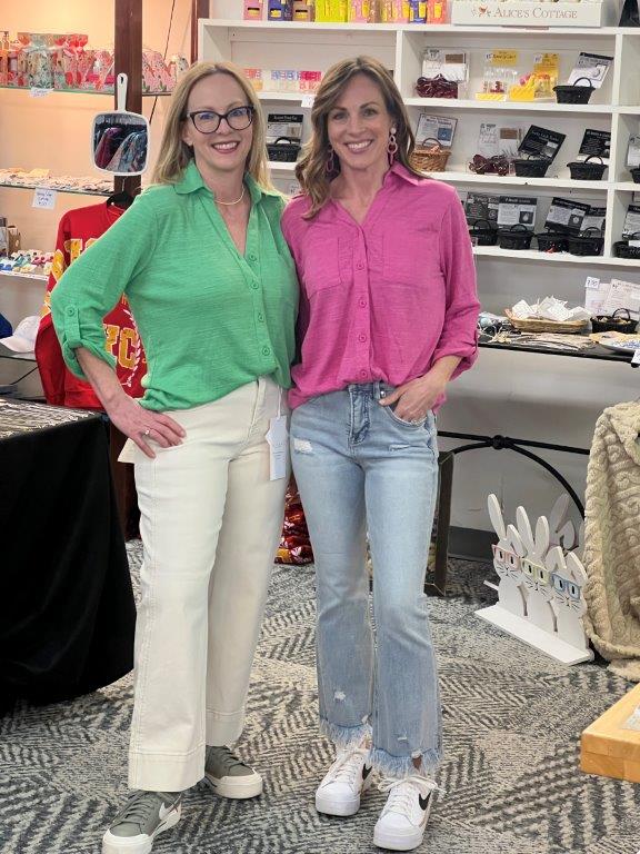 Modeling pink button 
up top by Karen Hart and green button up top by Karen Hart
