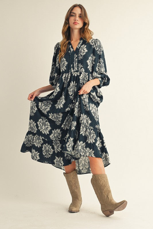 Navy Boho Floral Midi Dress
