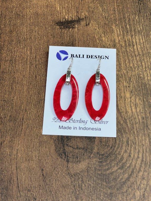 Long Oval Red Coral Sterling Silver Earrings