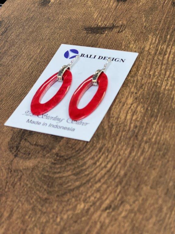 Long Oval Red Coral Sterling Silver Earrings