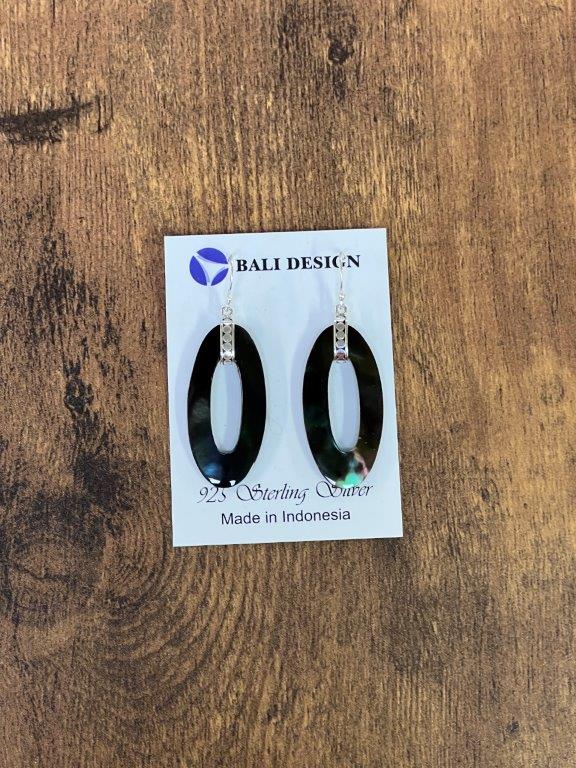 Long Oval Black Abalone Shell Sterling Silver Earrings
