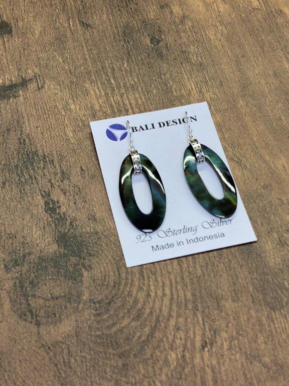 Long Oval Black Abalone Shell Sterling Silver Earrings