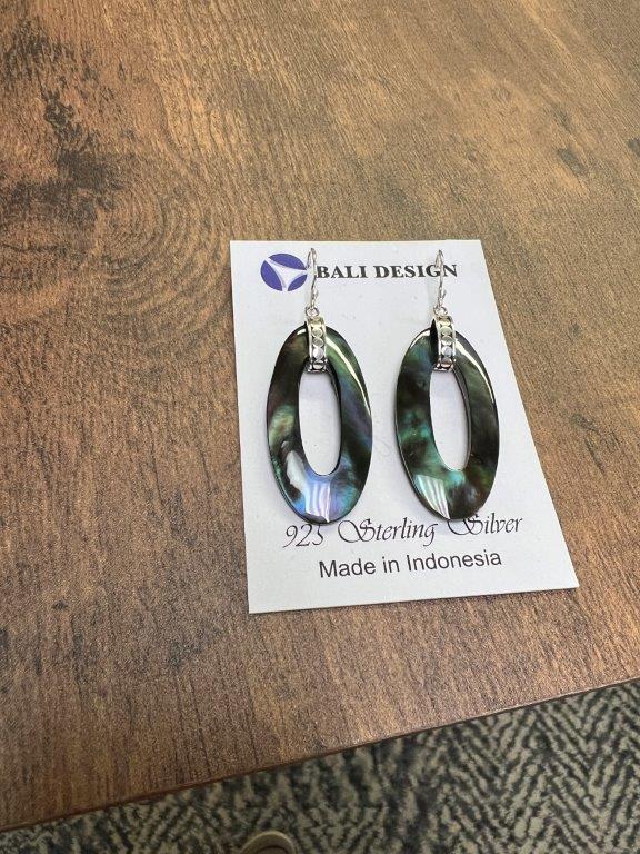 Long Oval Black Abalone Shell Sterling Silver Earrings