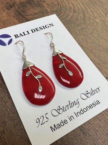 Red Coral Pear Shaped Sterling Silver Earrings