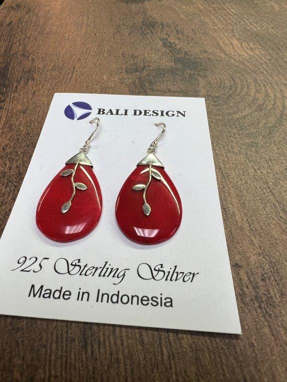 Red Coral Pear Shaped Sterling Silver Earrings