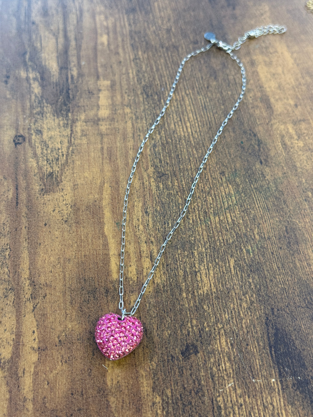 Pink Rhinestone Heart Pendant On Gold Link Chain Necklace