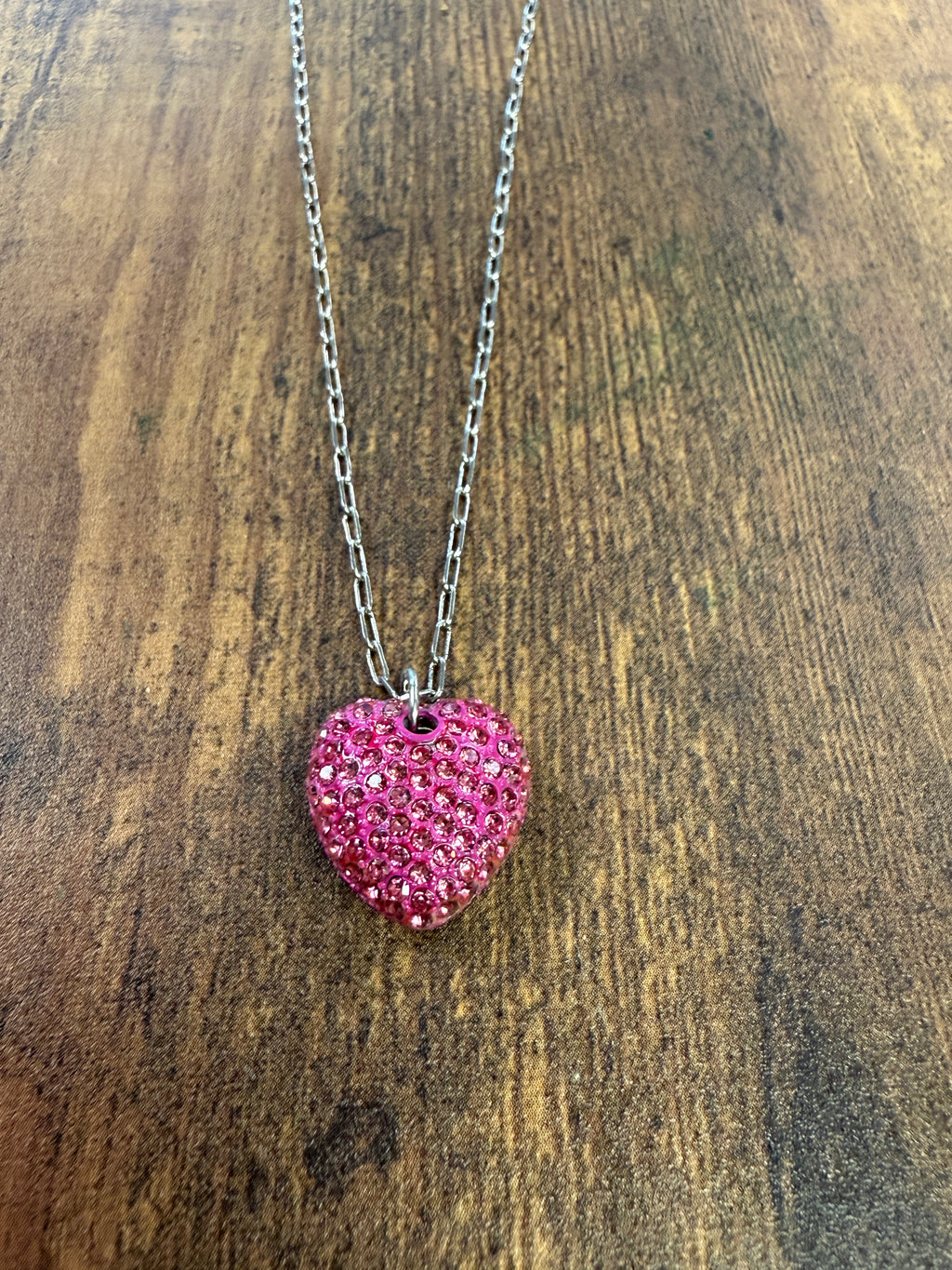 Pink Rhinestone Heart Pendant On Gold Link Chain Necklace