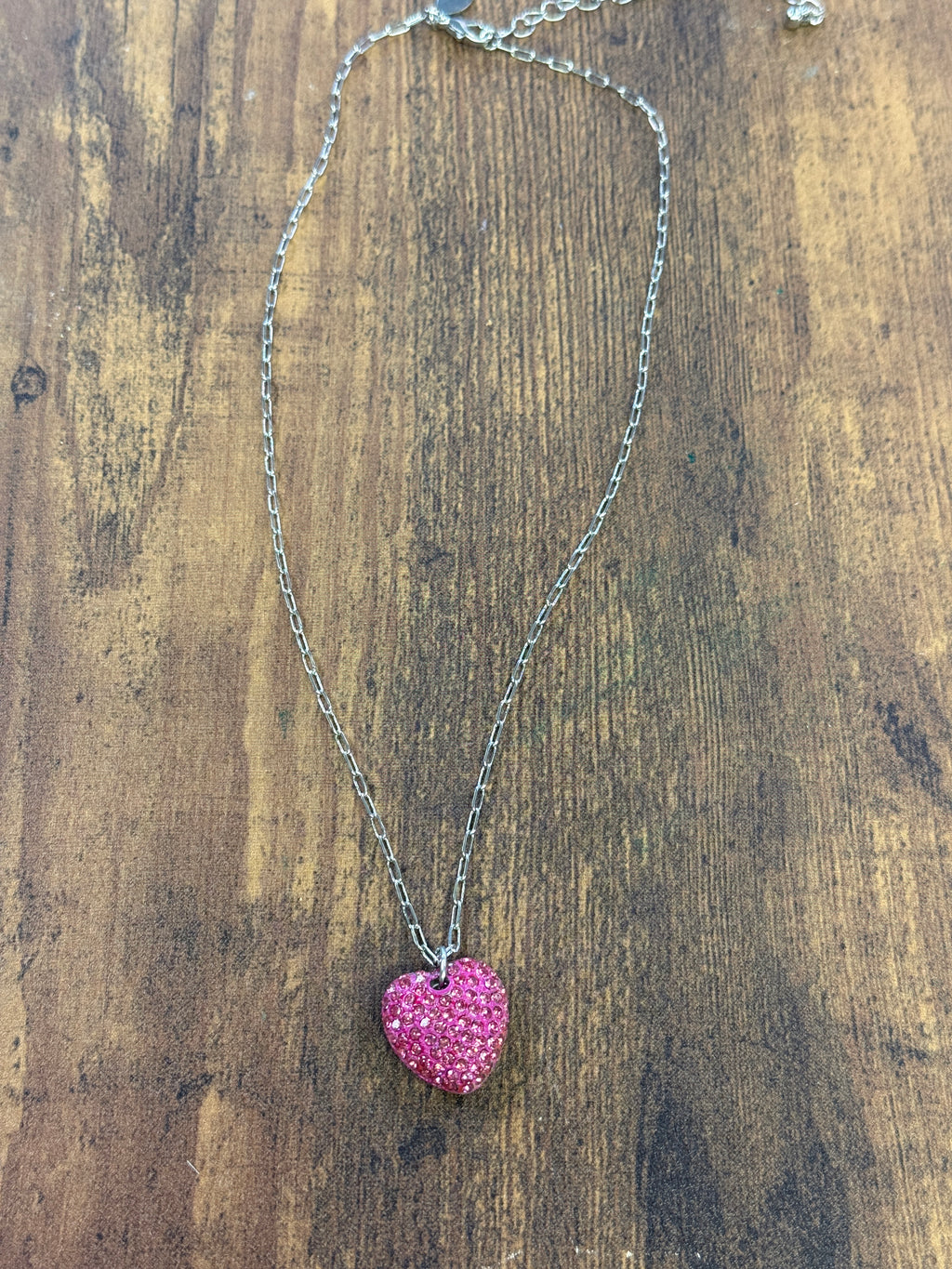 Pink Rhinestone Heart Pendant On Gold Link Chain Necklace