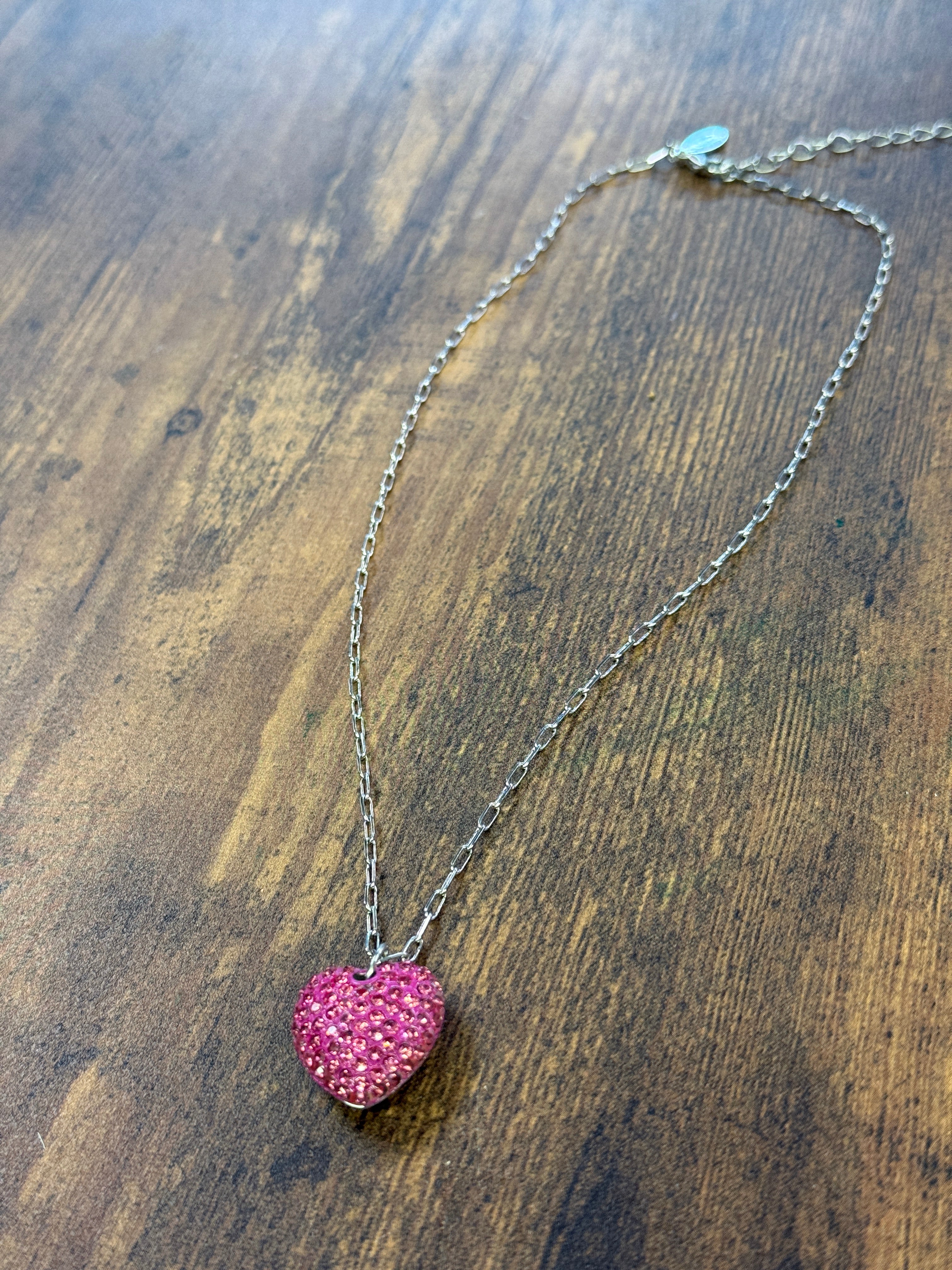 Pink Rhinestone Heart Pendant On Gold Link Chain Necklace