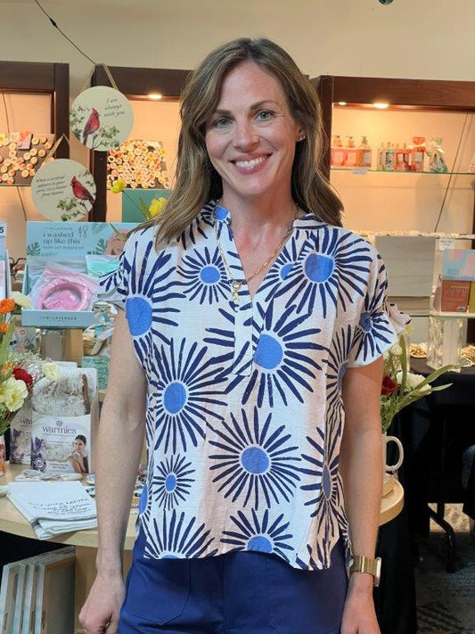 Navy Blue Sunburst V-neck Top