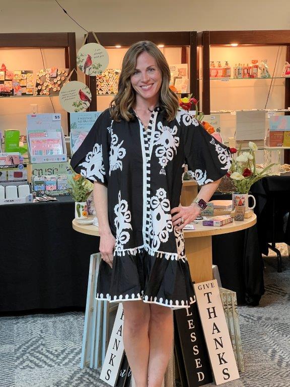 Bold White Print Dress in Black or Blue