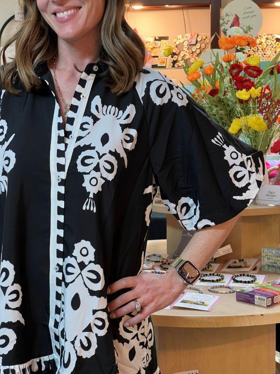 Bold White Print Dress in Black or Blue