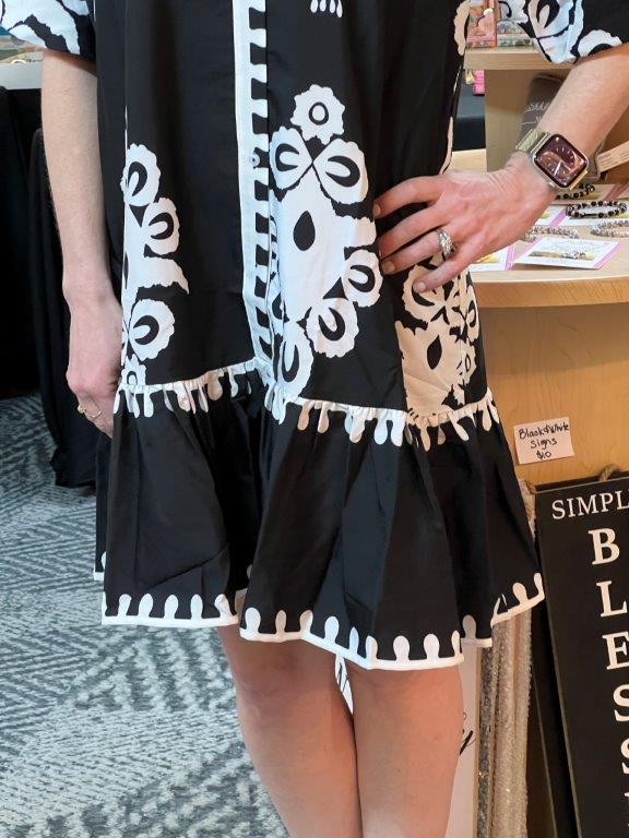 Bold White Print Dress in Black or Blue