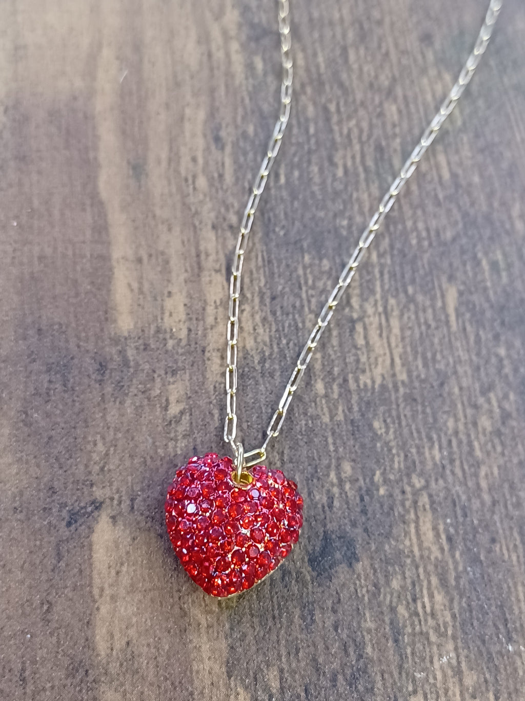 Red Rhinestone Heart Pendant On Gold Link Chain Necklace