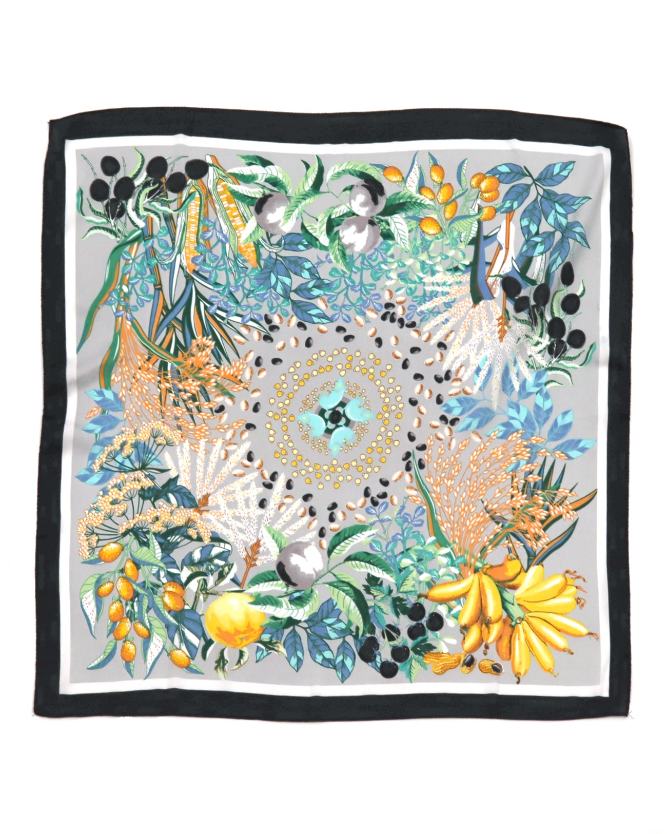 Black Trim Floral & Fruit Printed Silky Head Scarf Bandana