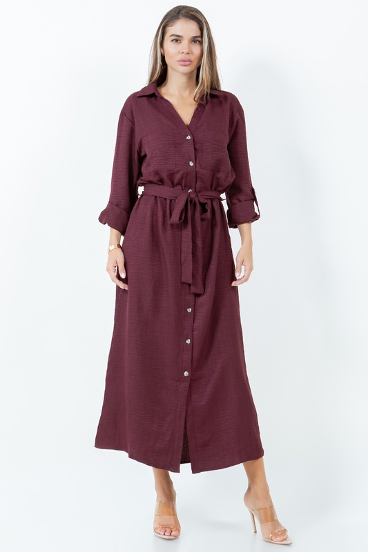 Burgundy Button Down Dress With Sleeve Tabs