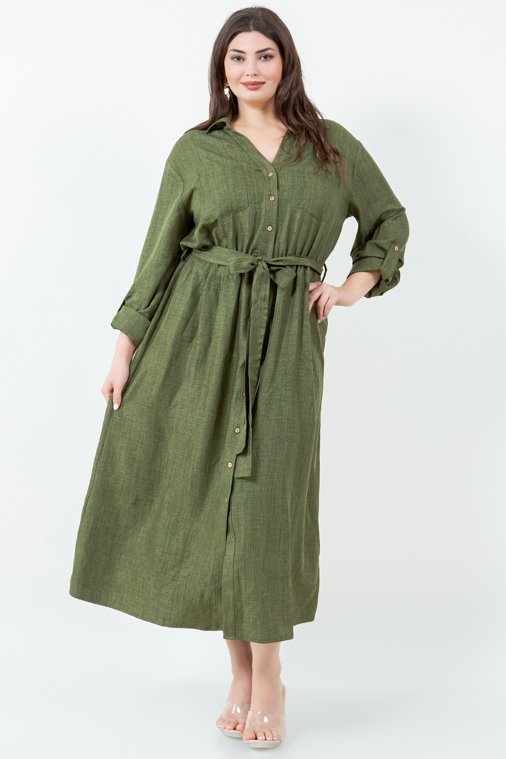 Green Button Down Dress With Sleeve Tabs