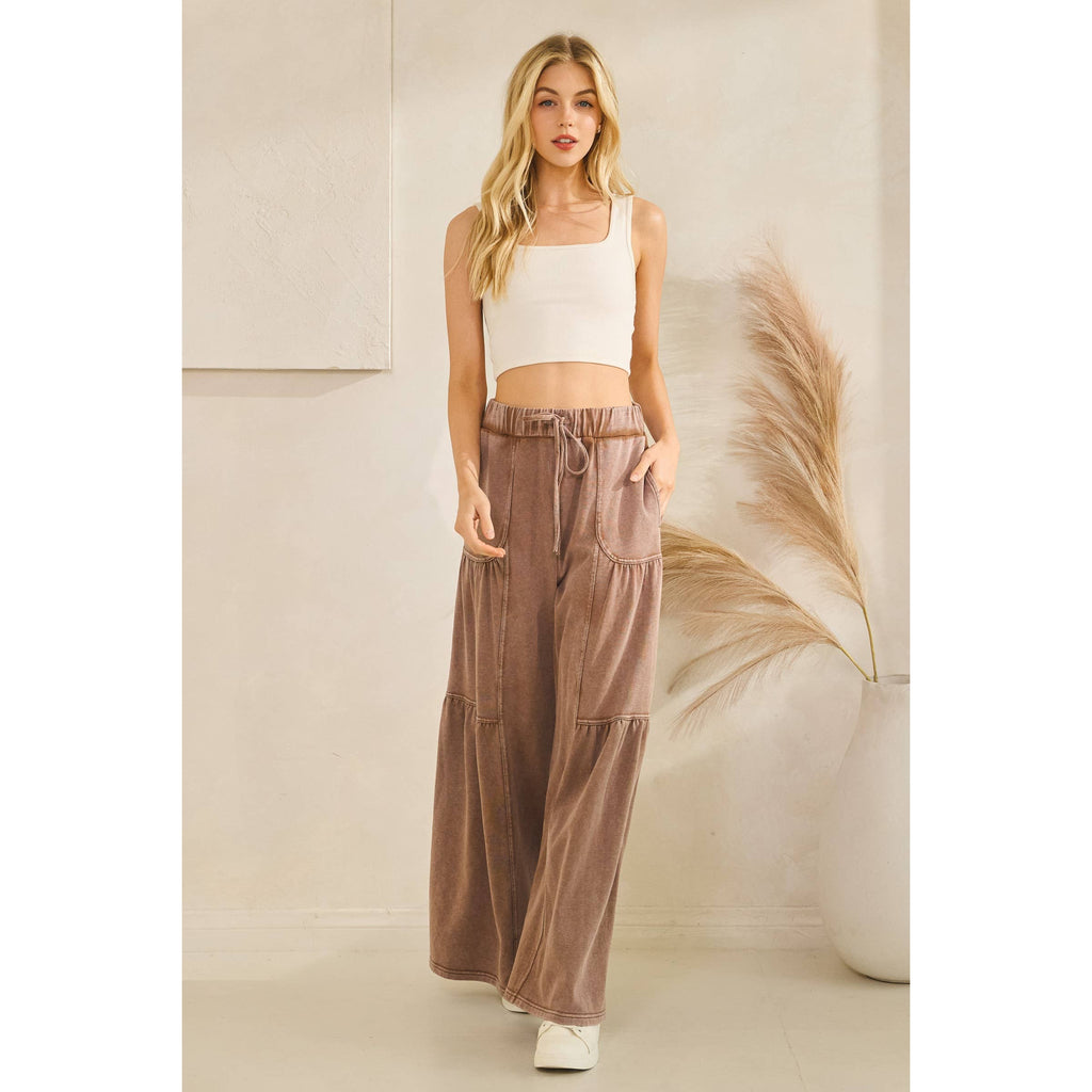 WASHED TIERED WIDE-LEG DRAWSTRING PANTS