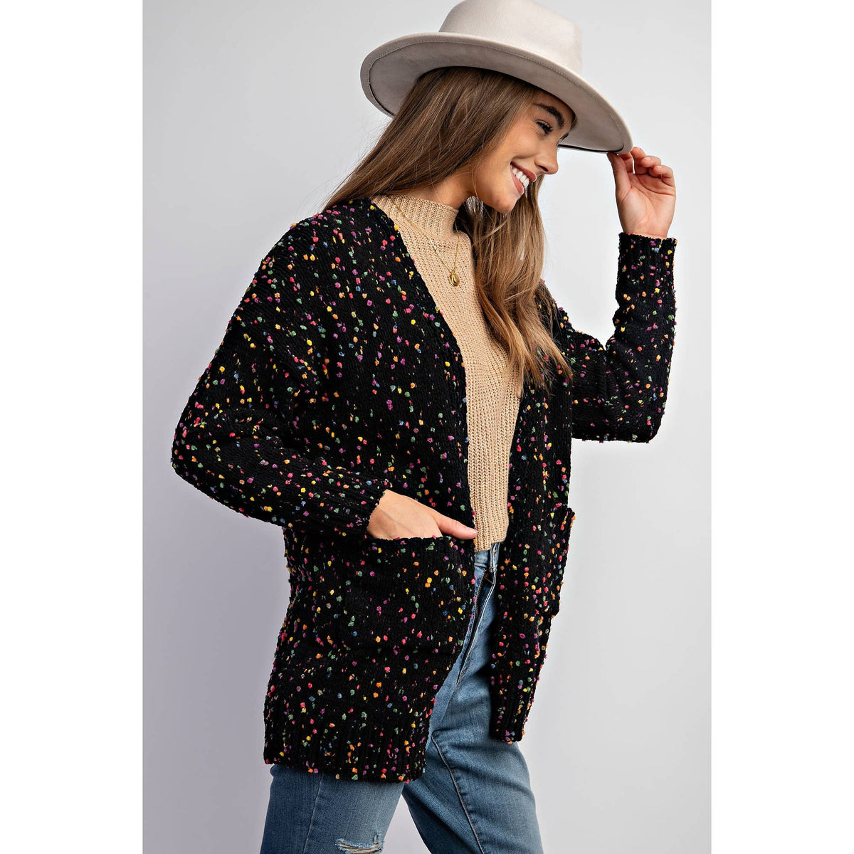 CARDIGAN W RAINBOW POPCORN SPECKLES