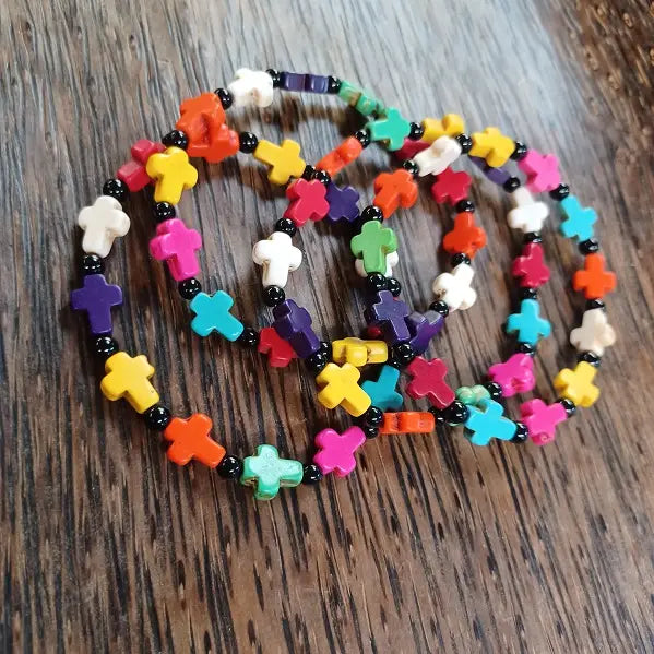 Multi-color Howlite Cross Beaded Bracelet