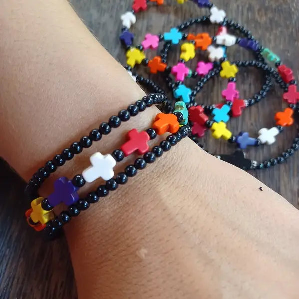 Multi-color Howlite Cross Beaded Bracelet