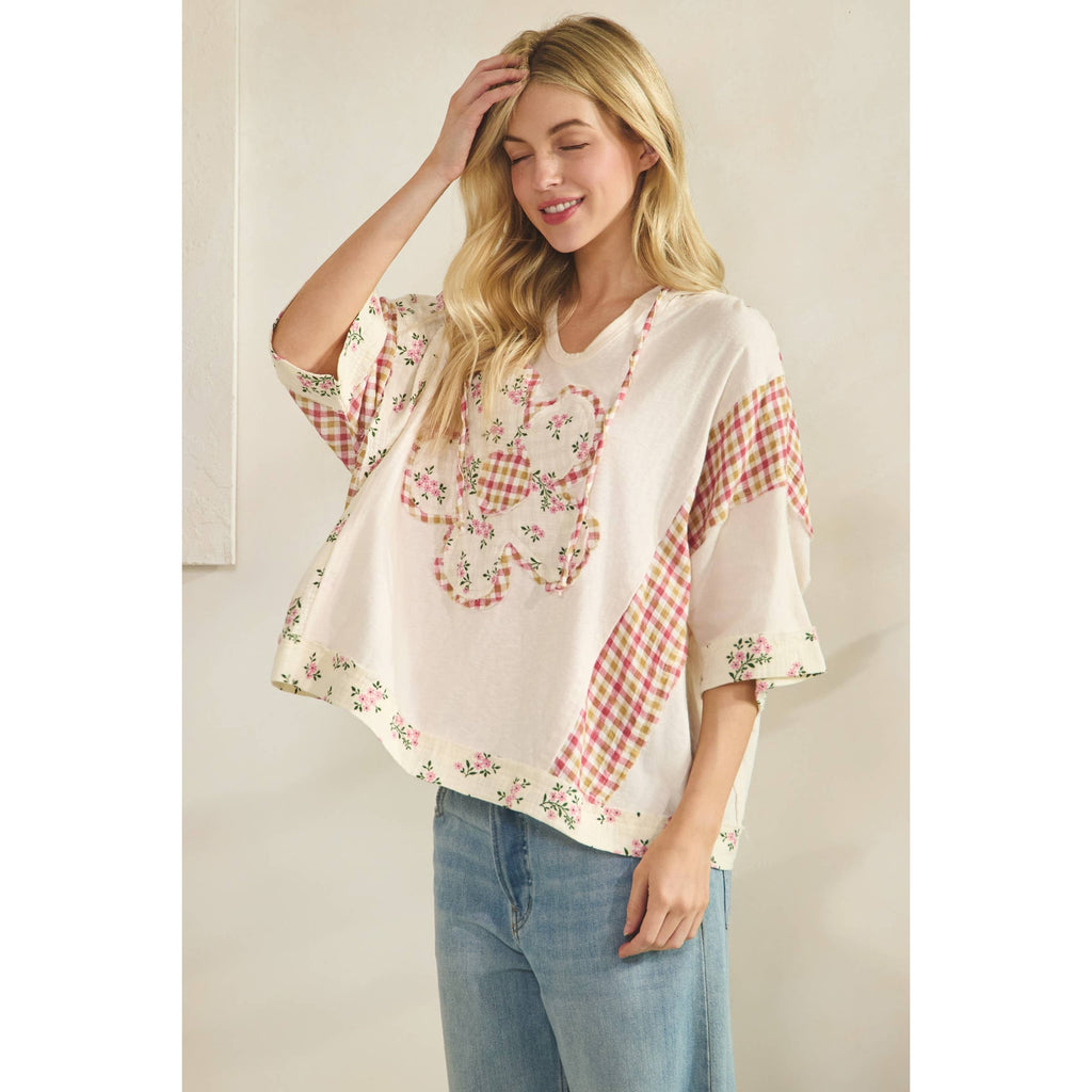 COTTON GAUZE HOODIE WITH DAISY FLORAL PATCH