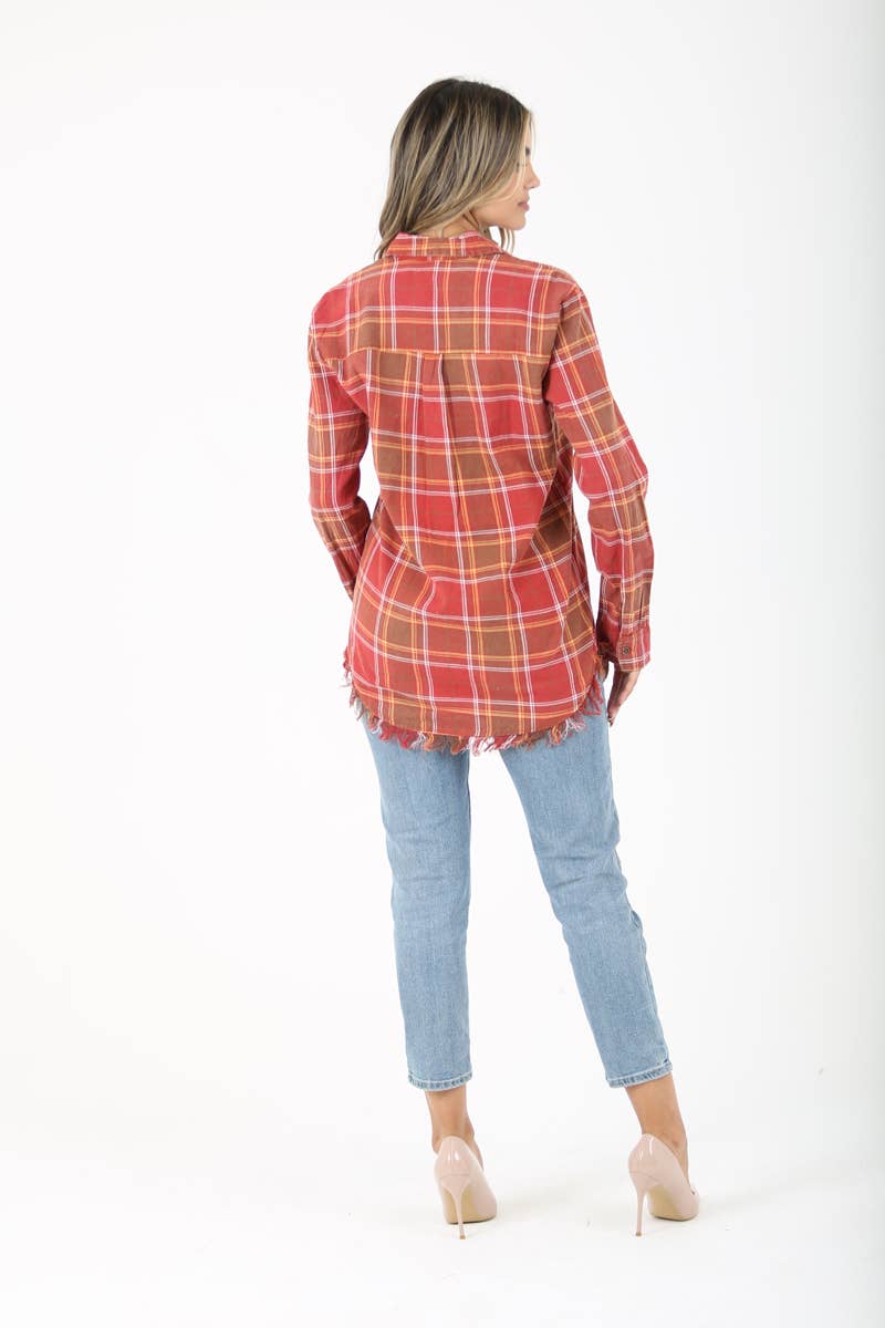 PLAID BUTTON FRONT SHIRT WITH FRAYED HEM