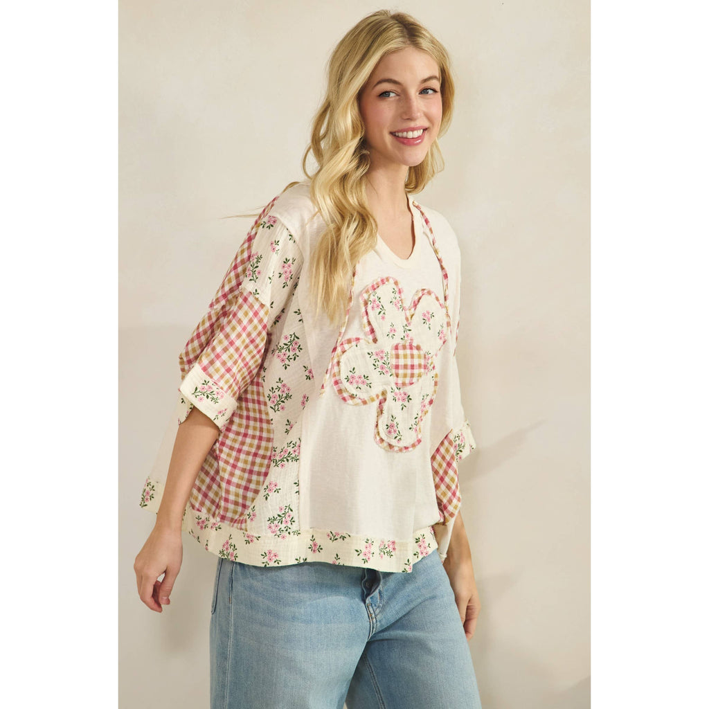 COTTON GAUZE HOODIE WITH DAISY FLORAL PATCH