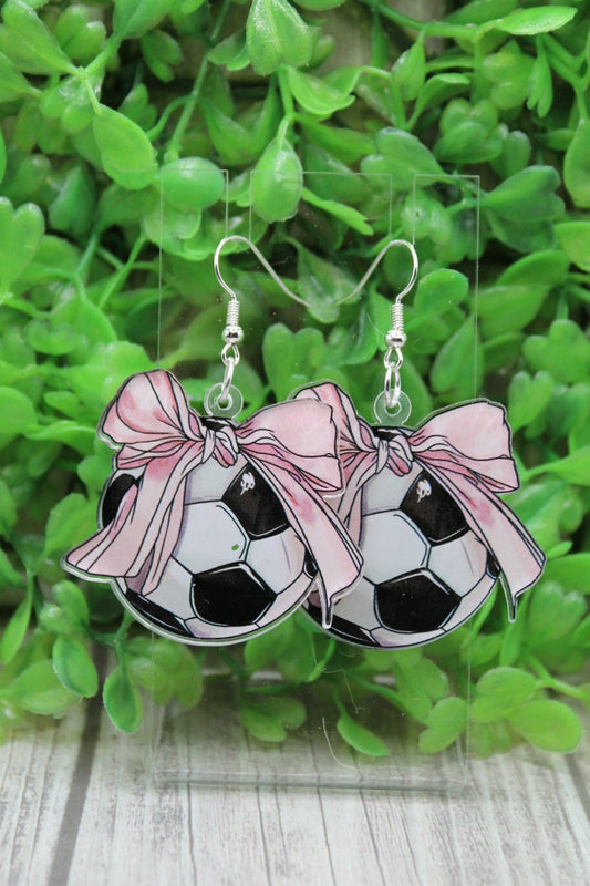 Pink Bow Soccer Dangle Earrings