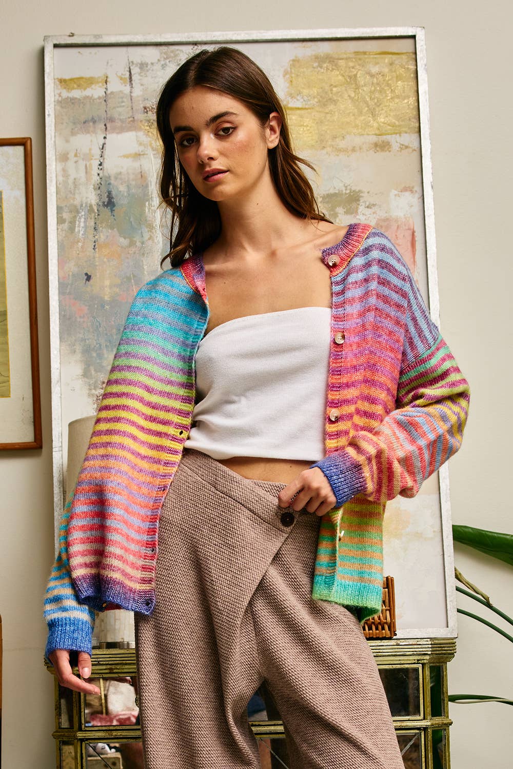 Multi-Colored Striped Button-Down Cardigan