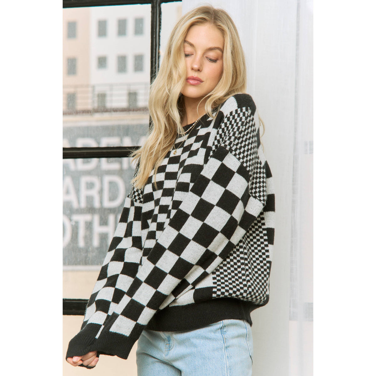 CHIC CHECKER JACQUARD PRINT CASUAL PULLOVER SWEATER