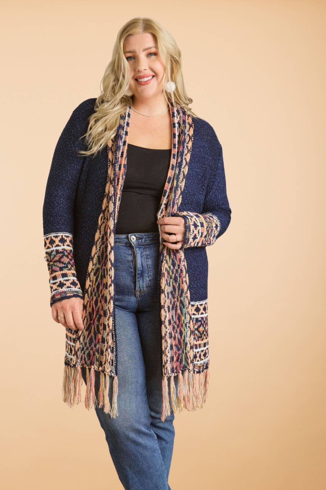 CESW2469X - PLUS FRINGE HEM AZTEC BORDER CARDIGAN