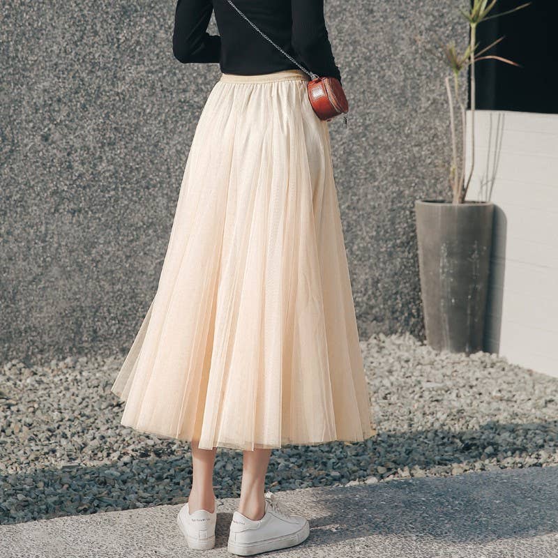 Beige Color Pleated Tulle Midi Skirt