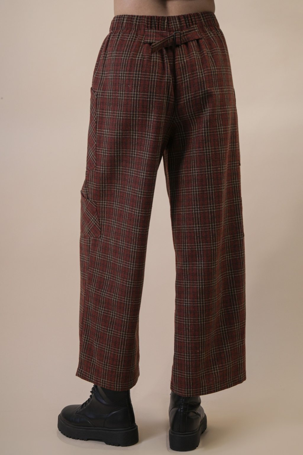 Brown & Orange Plaid Printed Cargo Wide Leg Pants