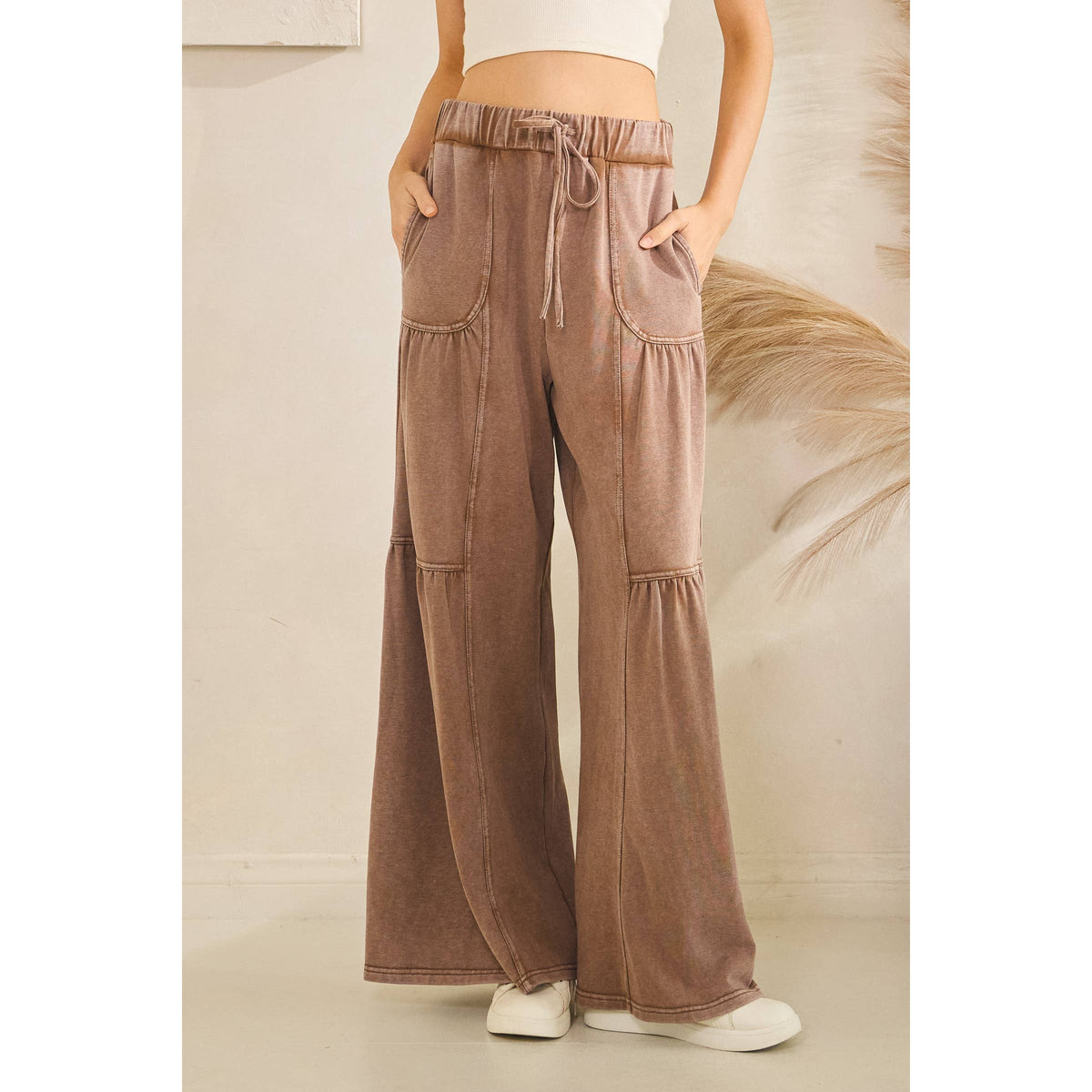 WASHED TIERED WIDE-LEG DRAWSTRING PANTS