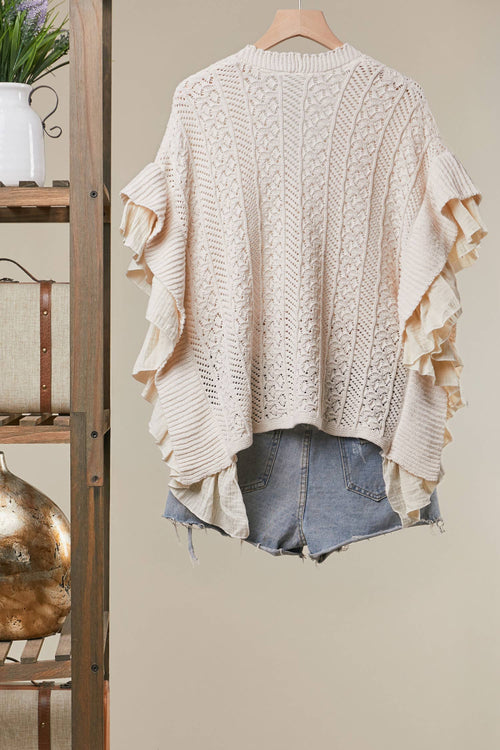 Butterfly Patch Ruffle Sleeve Lace Knit Cardigan
