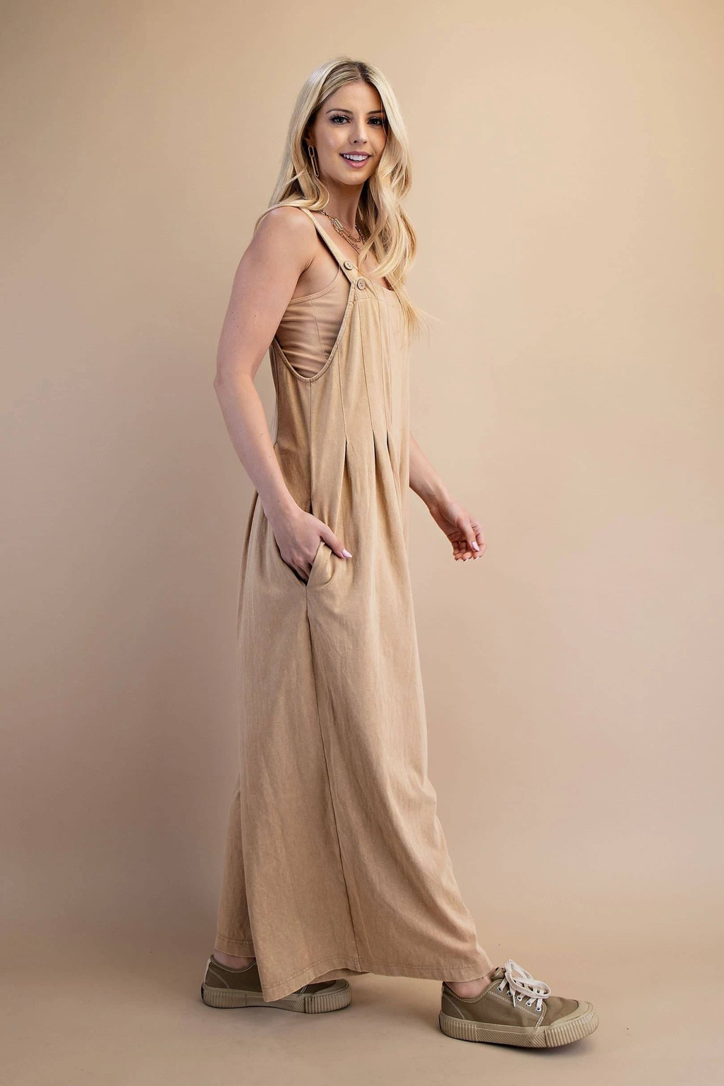 Mineral Washed Overall Pleated Jumpsuit