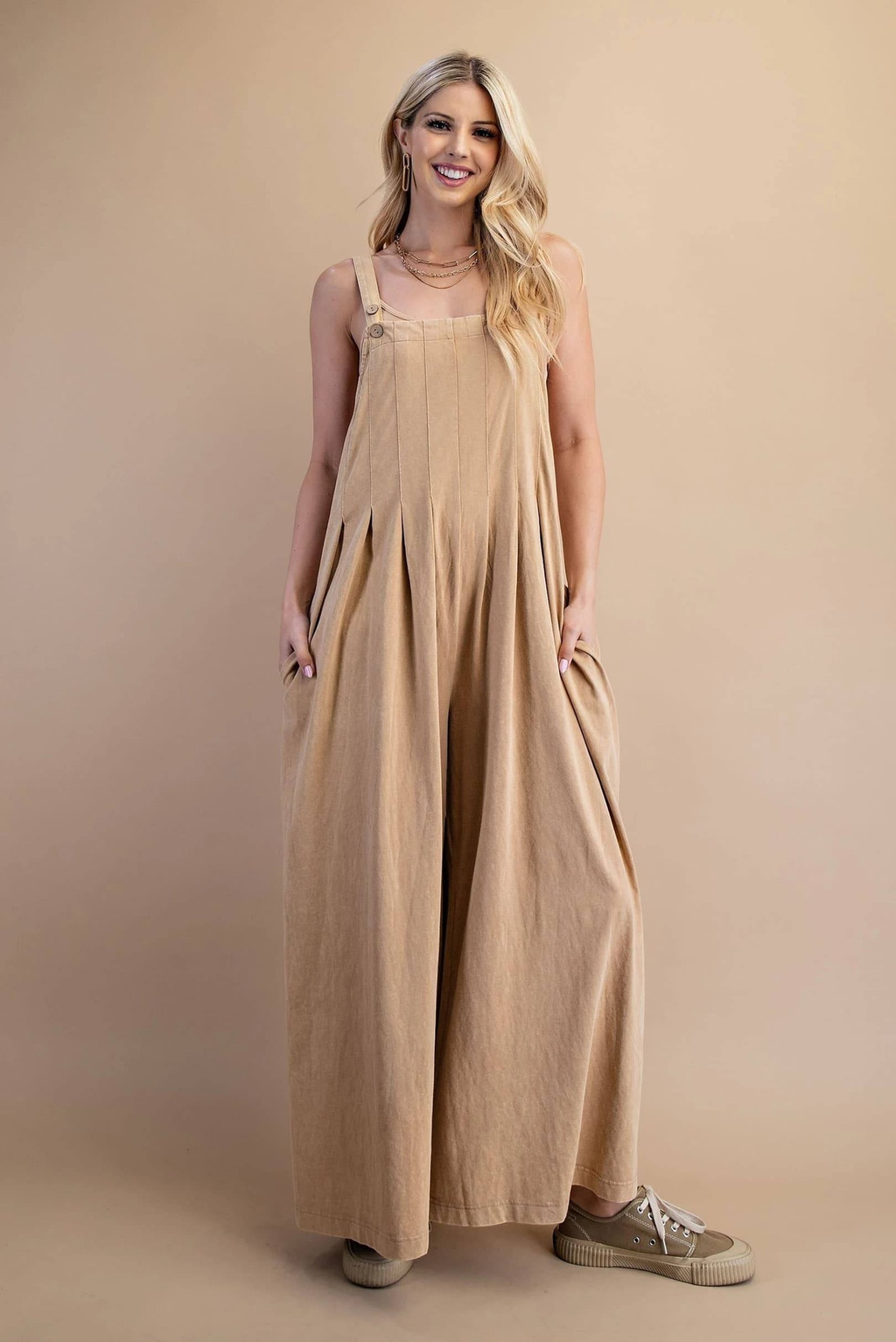 Mineral Washed Overall Pleated Jumpsuit