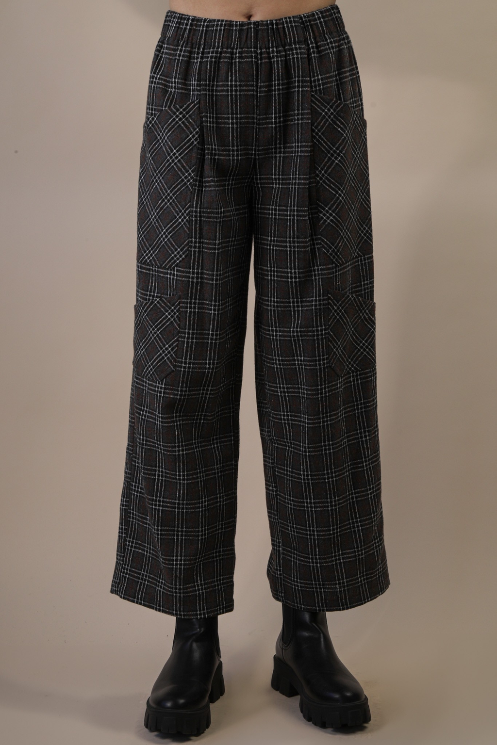 Black Plaid Printed Cargo Wide Leg Pants