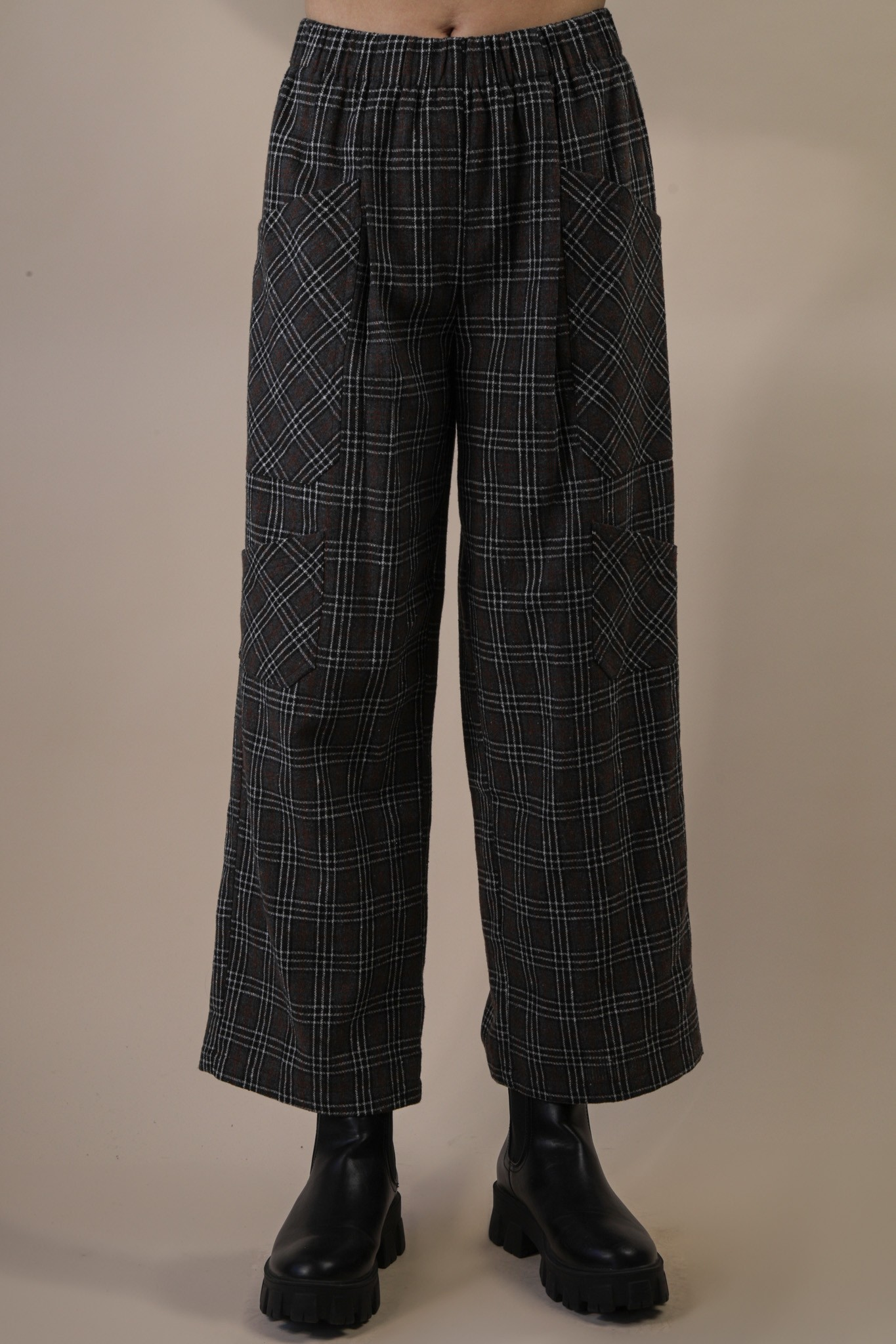 Black Plaid Printed Cargo Wide Leg Pants