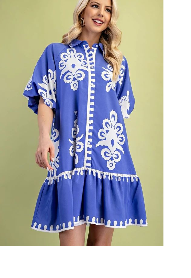 Bold White Print Dress in Black or Blue