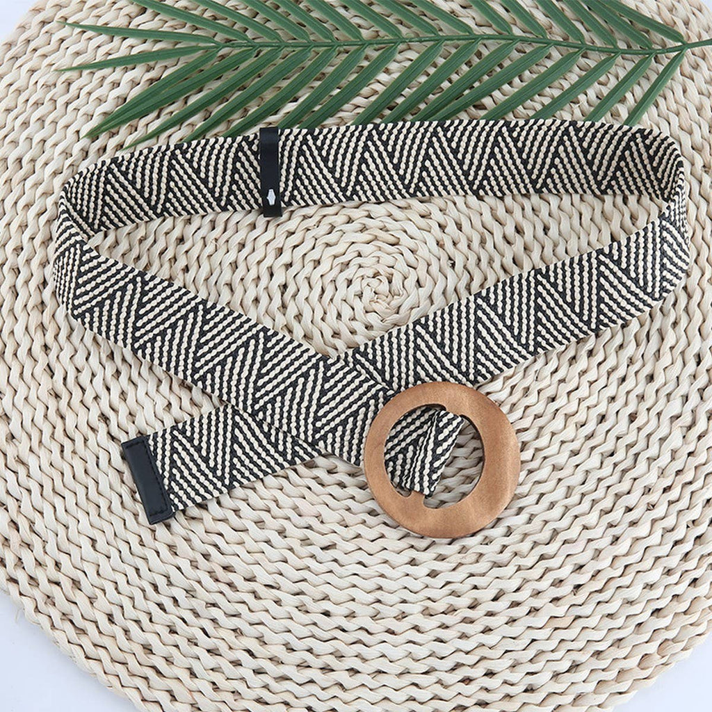 Round Wooden Buckle Pp Straw Woven Belt