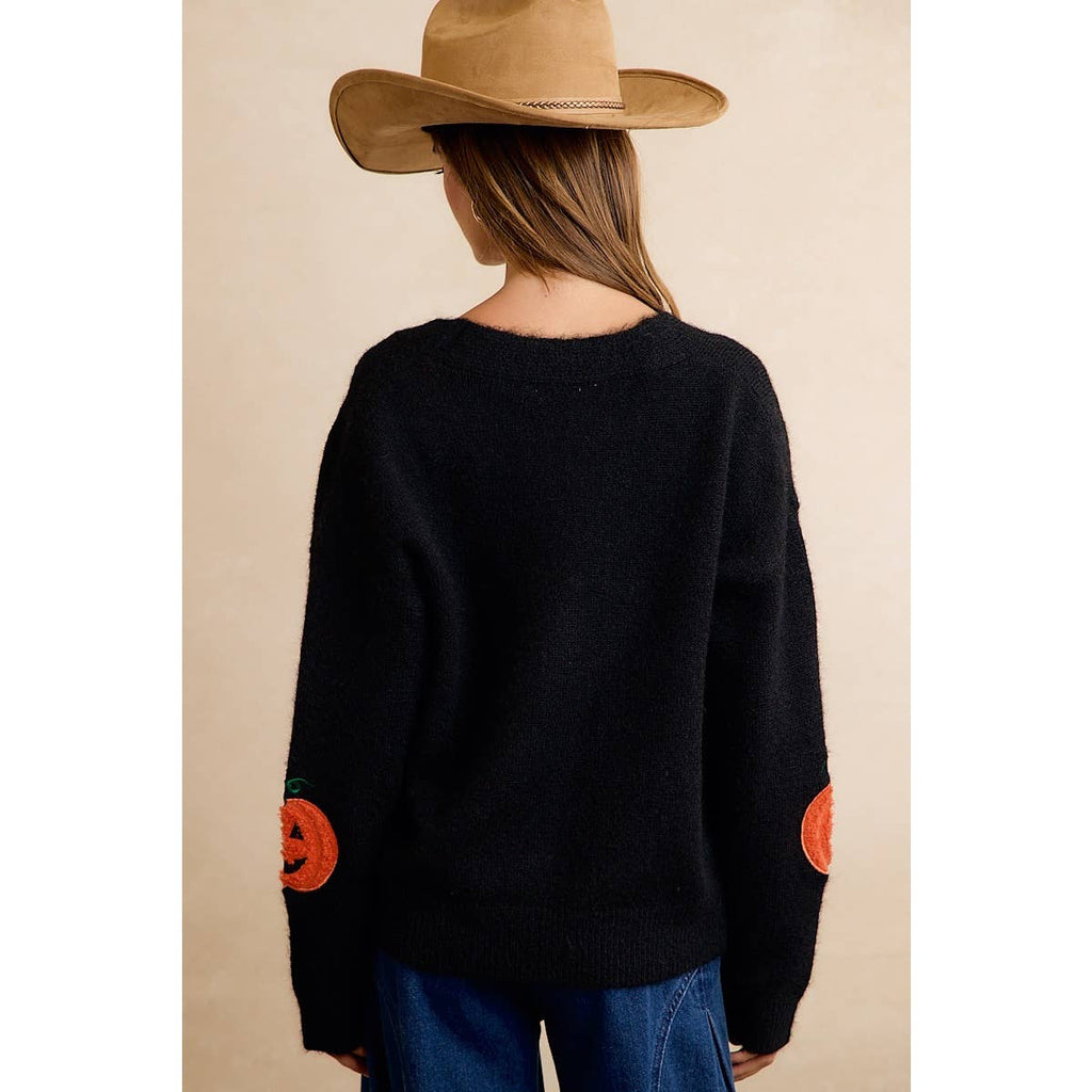 HALLOWEEN PUMPKIN APPLIQUE BUTTON FRONT KNIT CARDIGAN